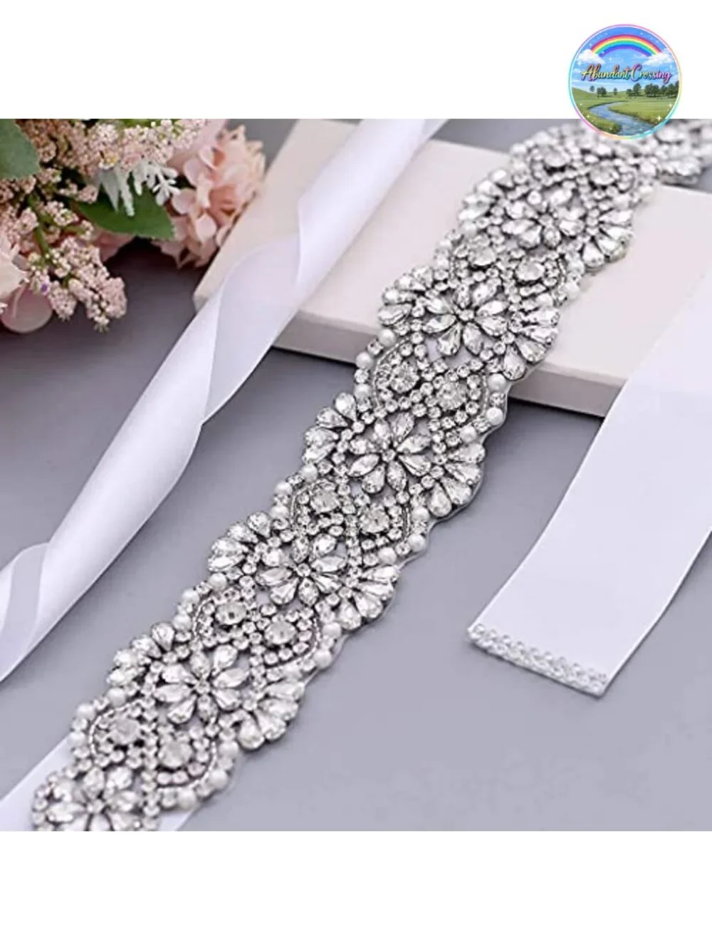 Rhinestone Bridal Wedding Dress Belt Sash Self-Tie Silver